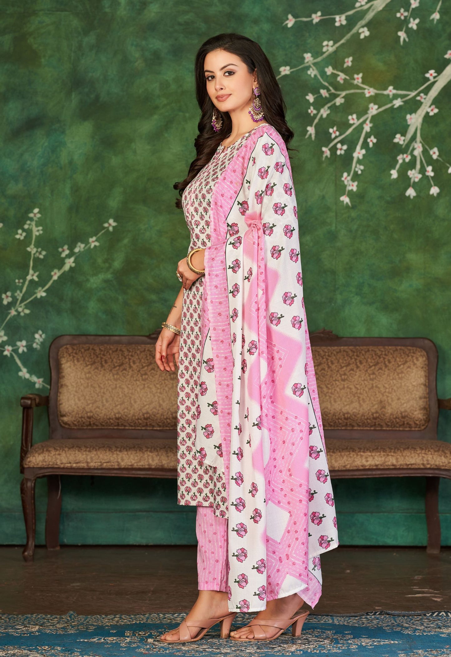 Pink Cotton Kurti Pant & Dupatta Set