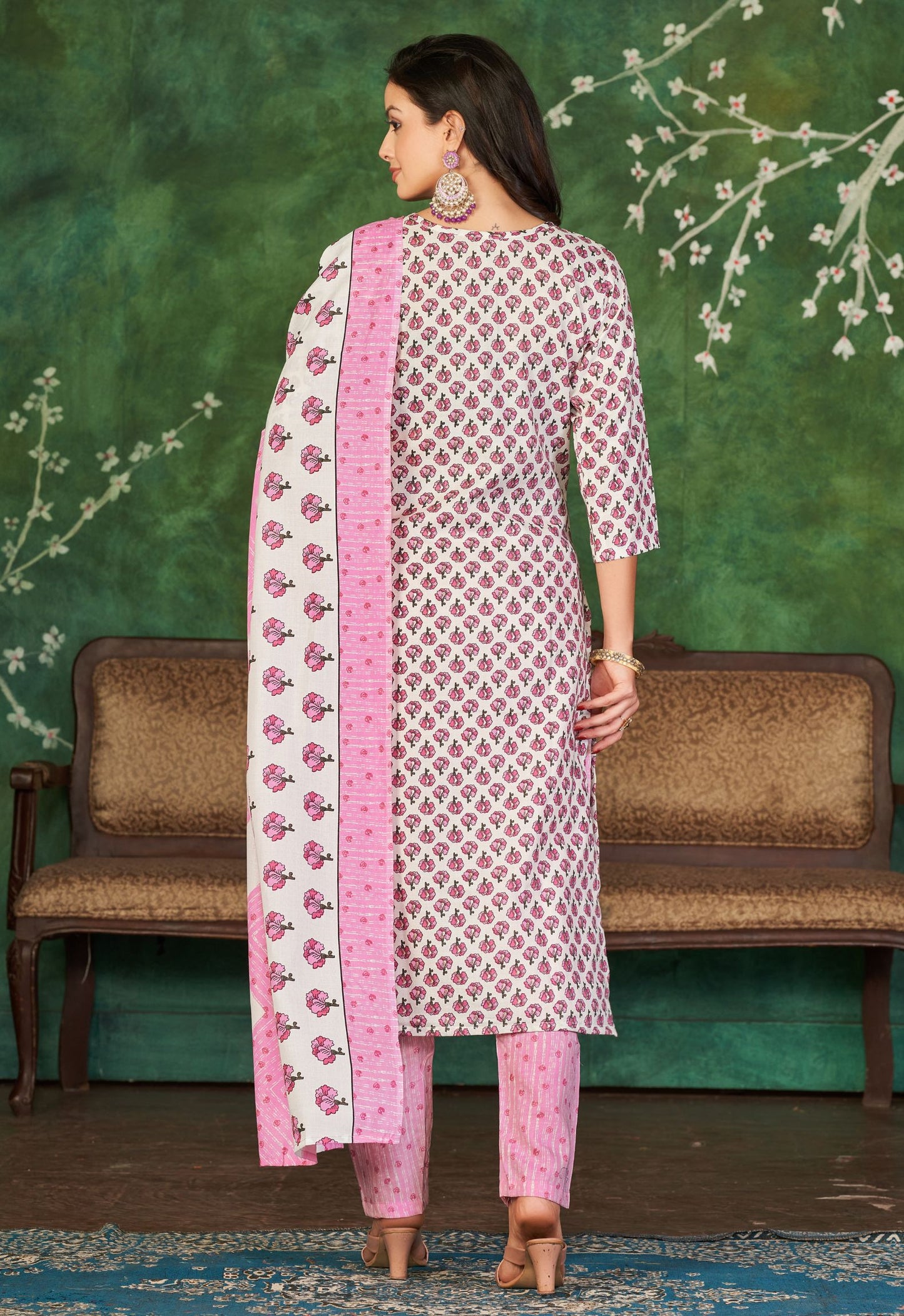 Pink Cotton Kurti Pant & Dupatta Set