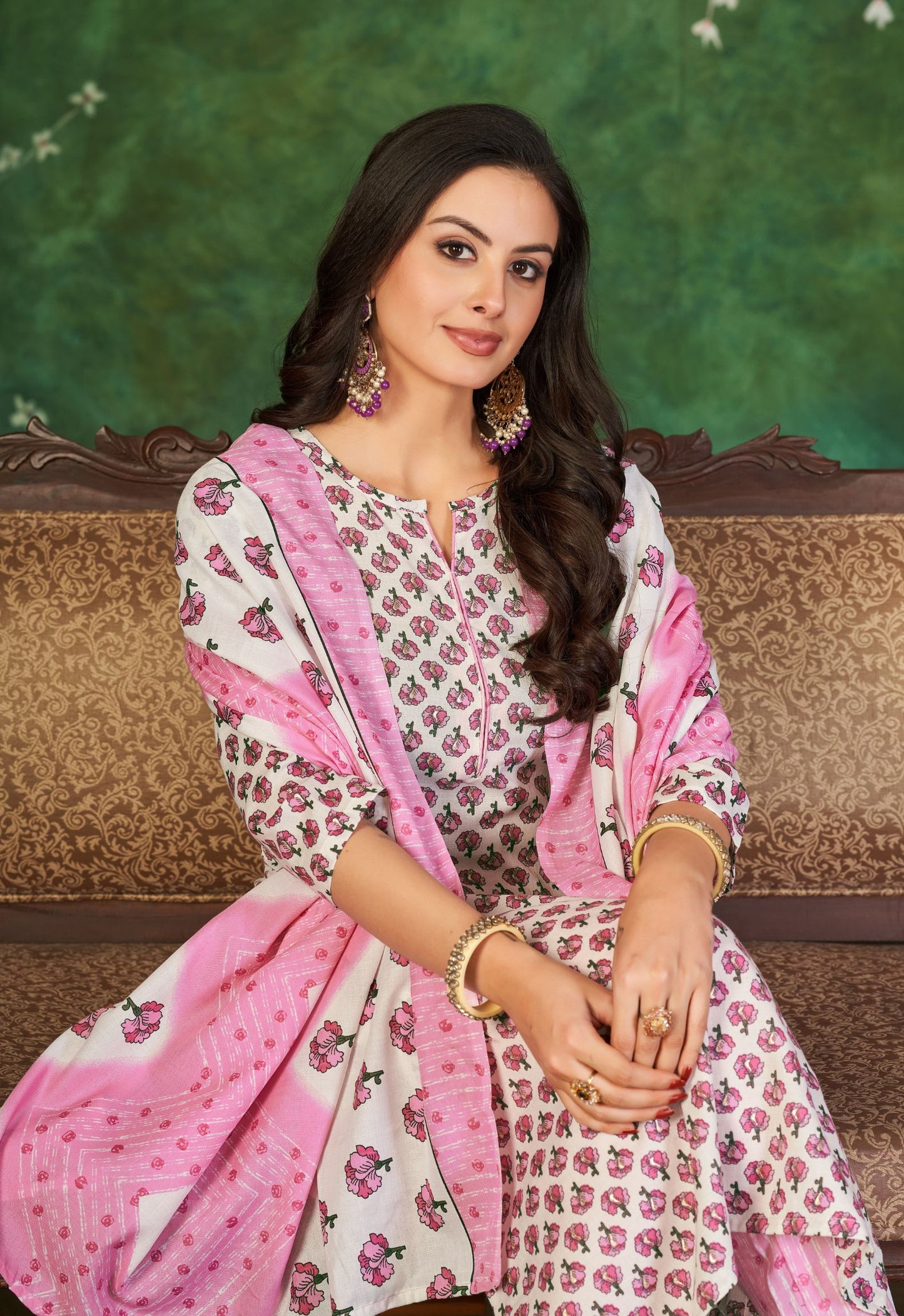 Pink Cotton Kurti Pant & Dupatta Set