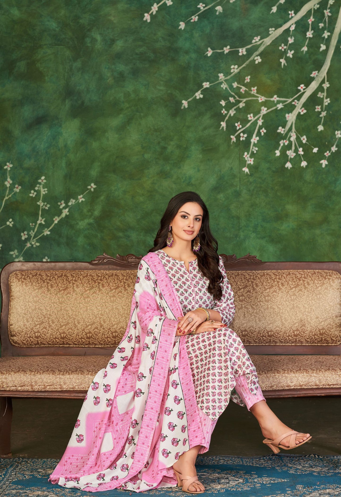 Pink Cotton Kurti Pant & Dupatta Set