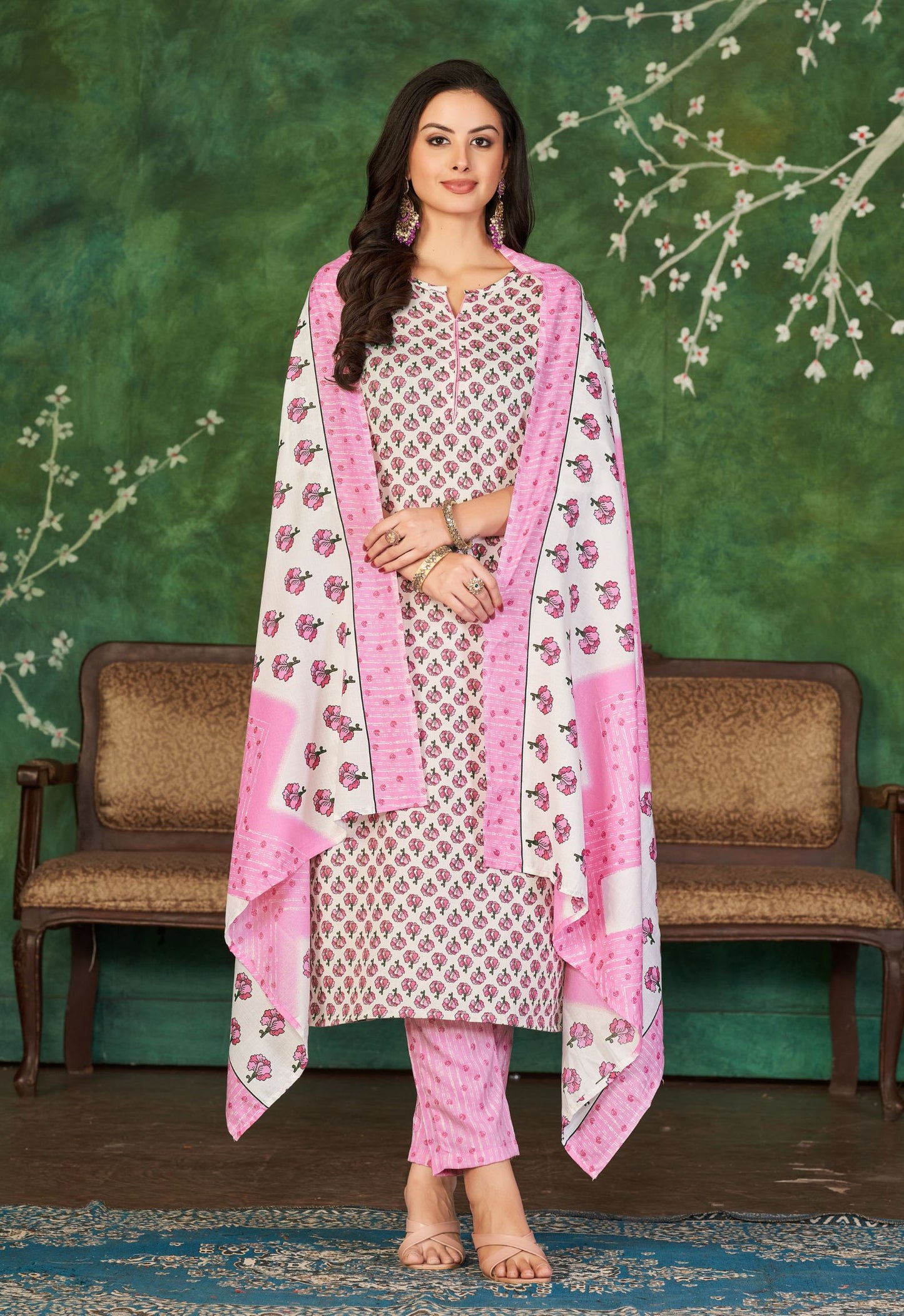 Pink Cotton Kurti Pant & Dupatta Set