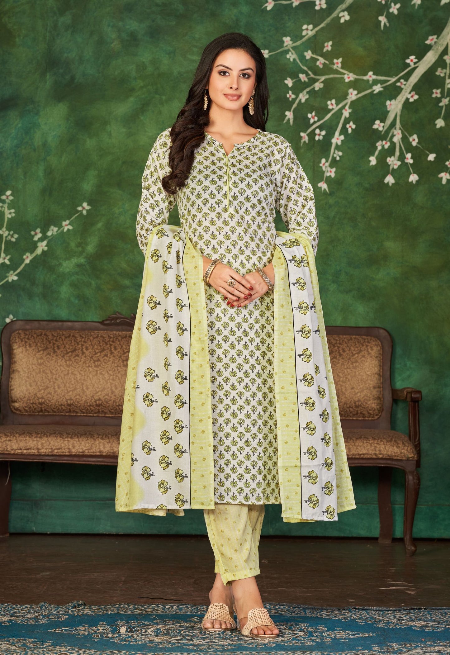 Thistle Green Cotton Kurti Pant Set With Dupatta