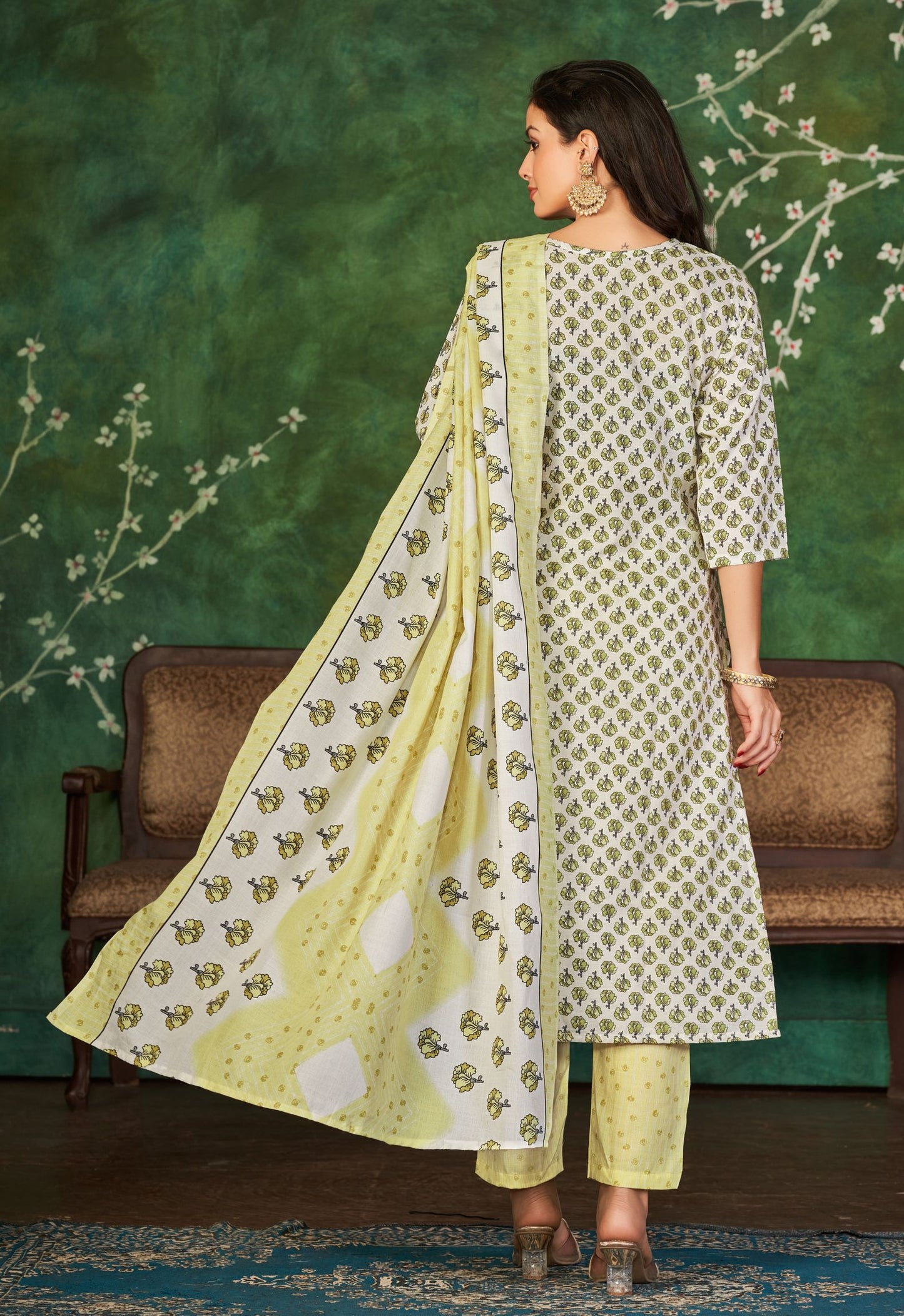 Thistle Green Cotton Kurti Pant Set With Dupatta