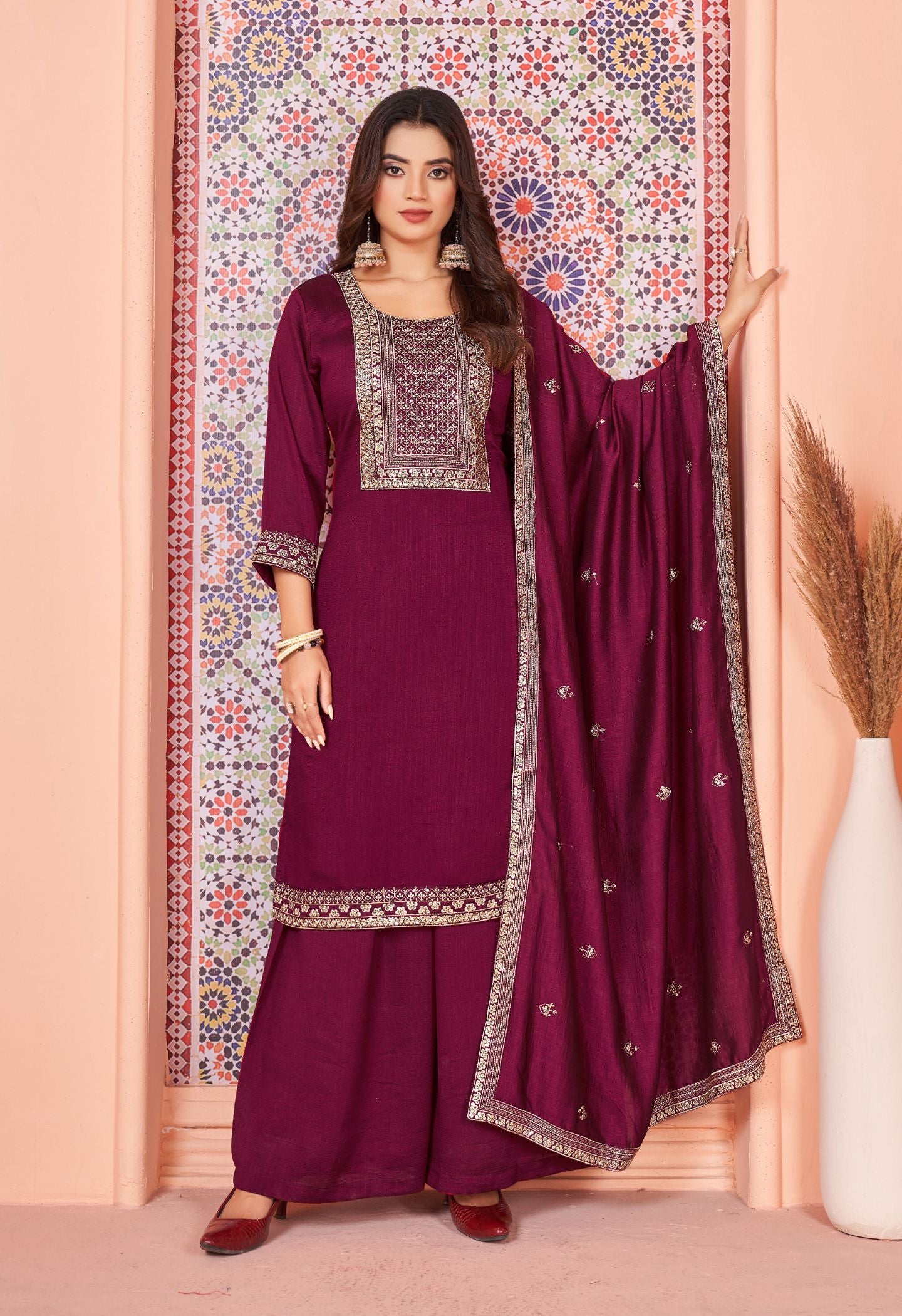 Wine Silk Embroidered Kurta Flared Palazzo Set With Dupatta