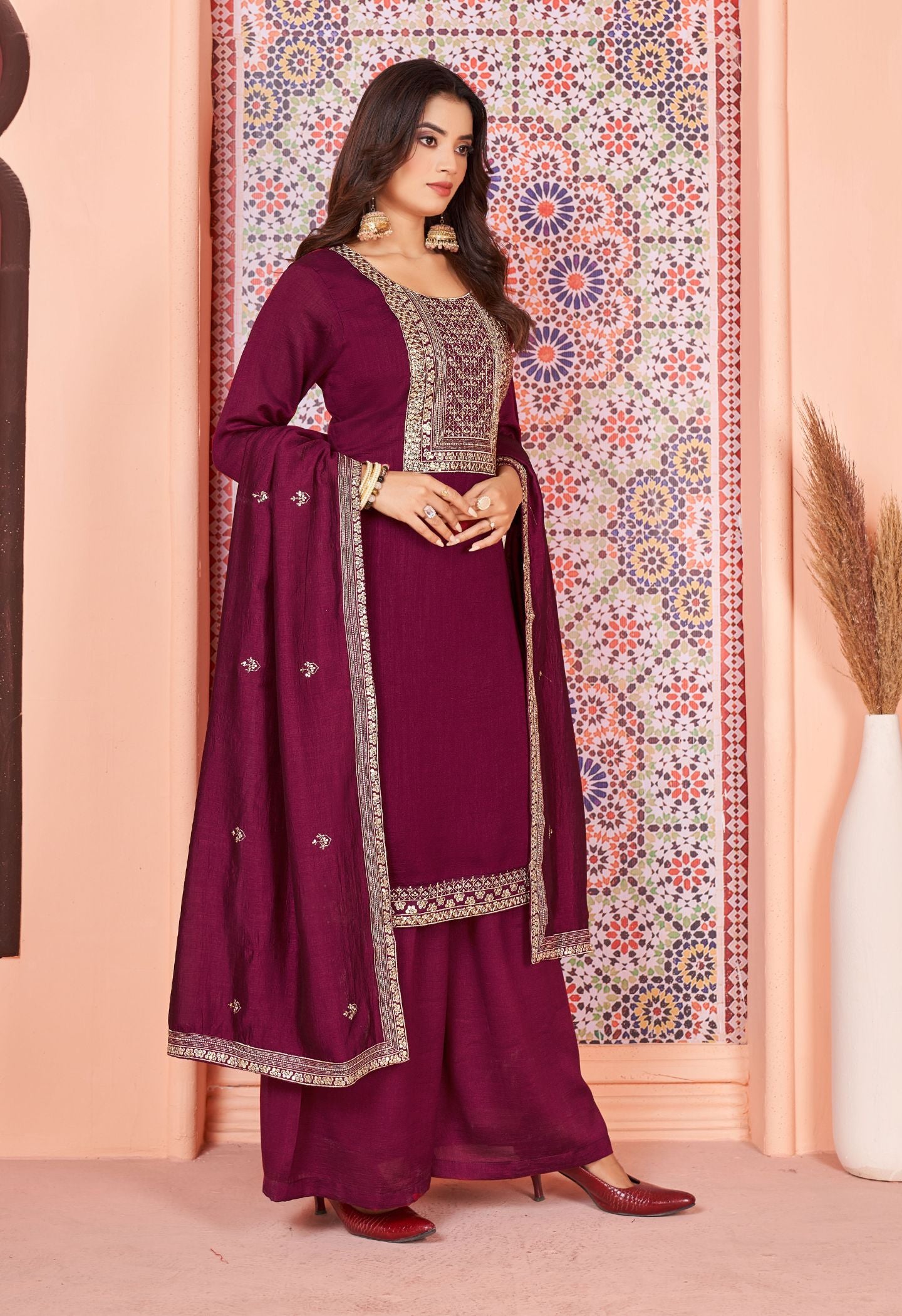 Wine Silk Embroidered Kurta Flared Palazzo Set With Dupatta