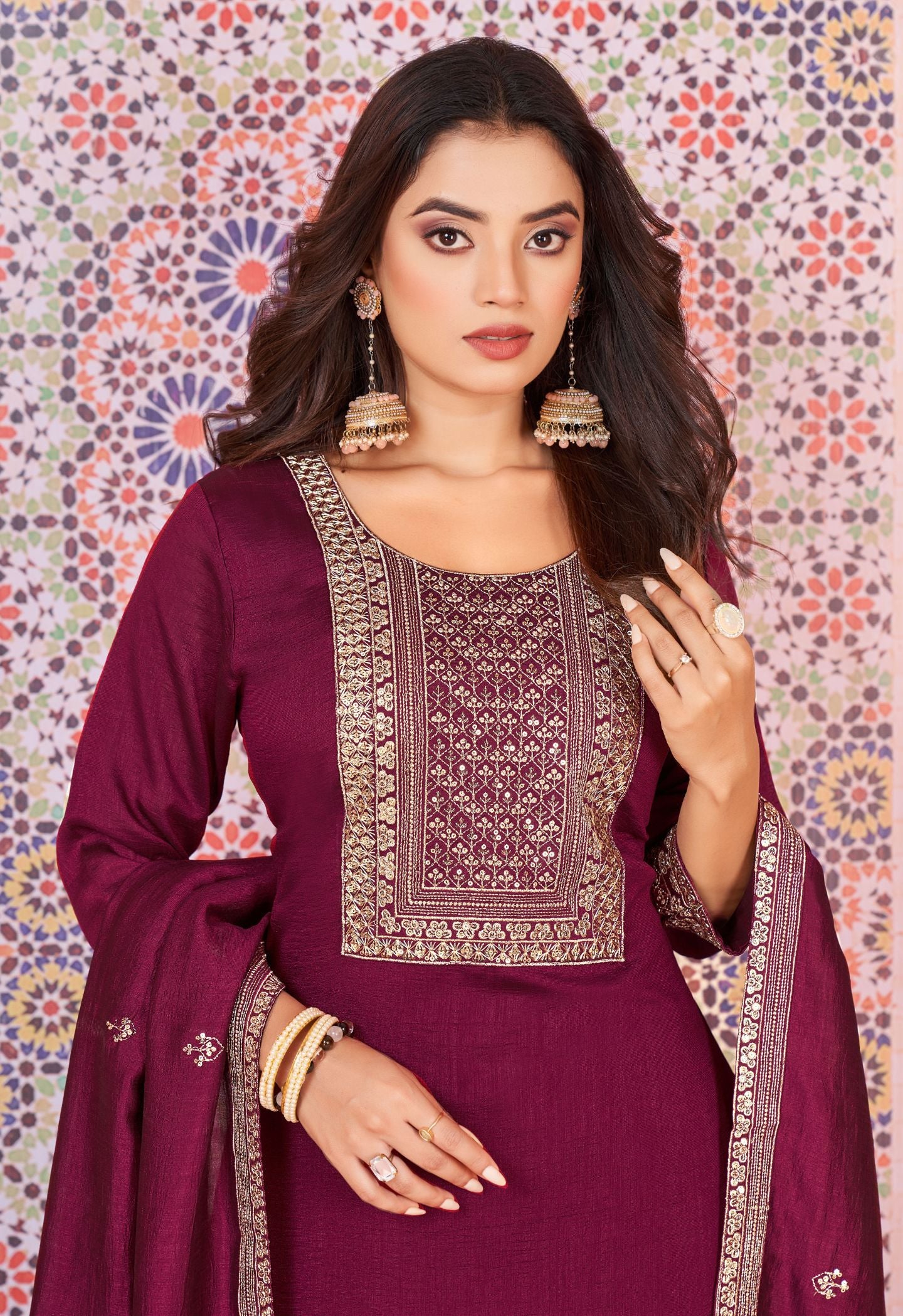 Wine Silk Embroidered Kurta Flared Palazzo Set With Dupatta