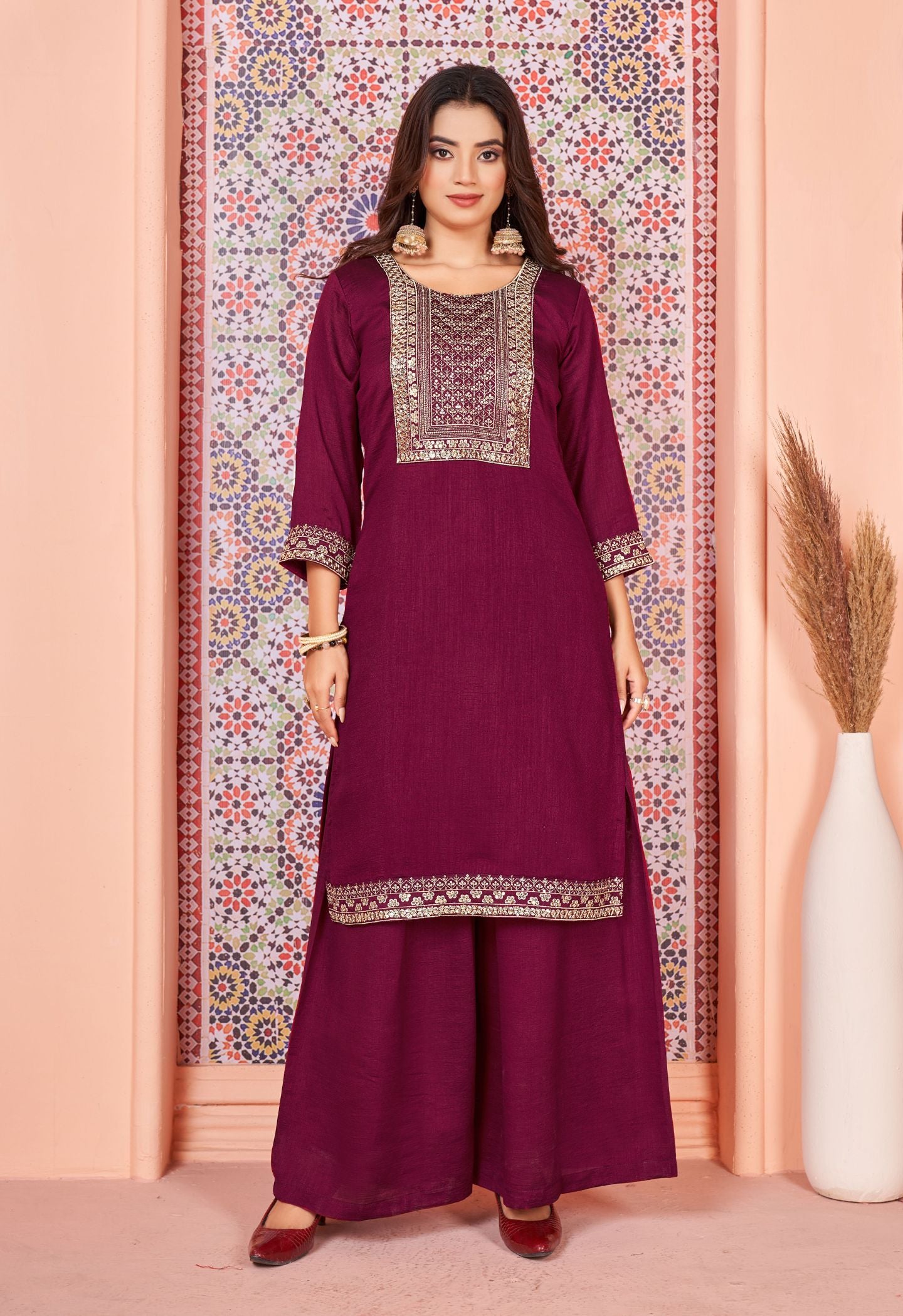 Wine Silk Embroidered Kurta Flared Palazzo Set With Dupatta