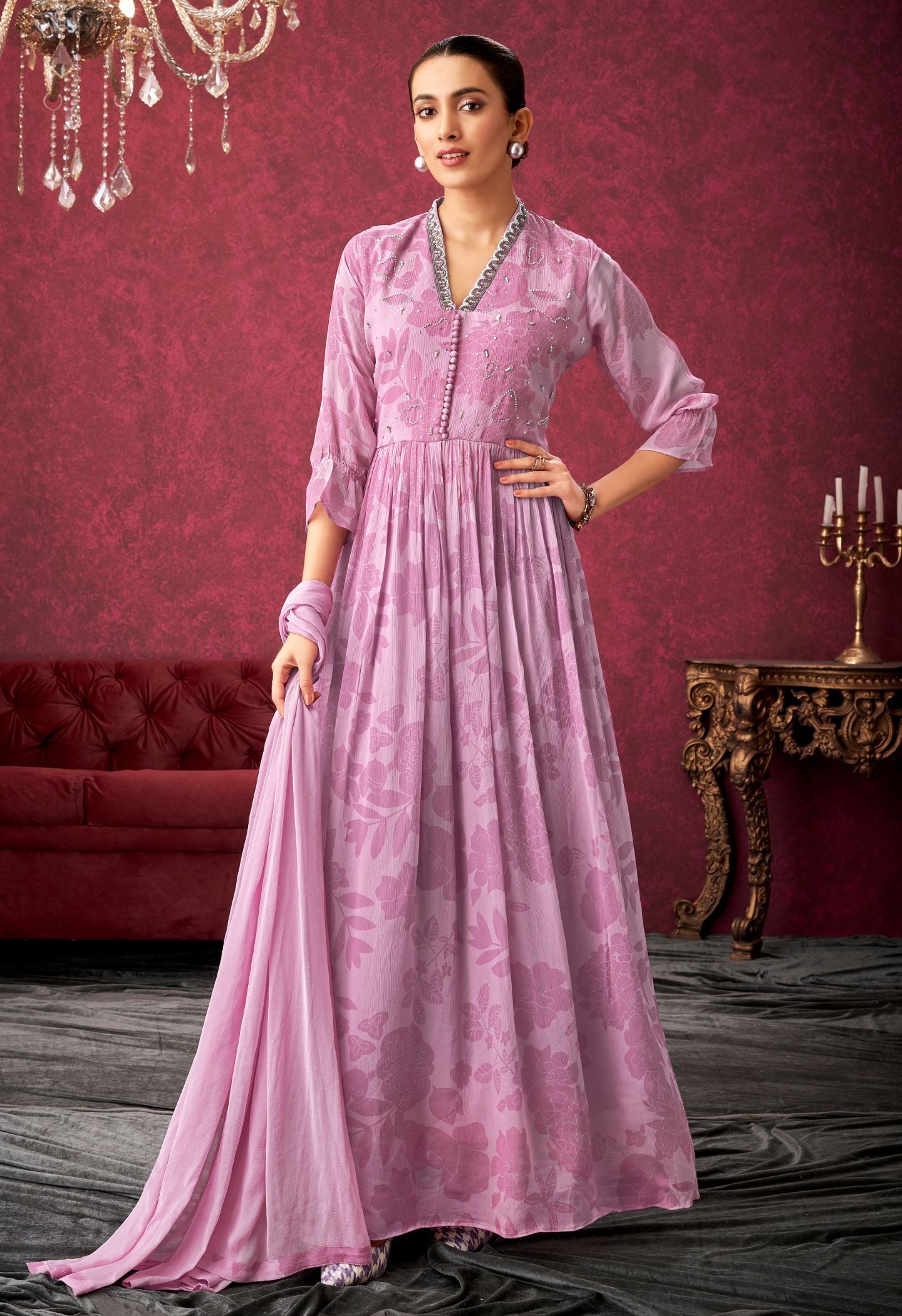 Pink A-Line  Pure Chinon Gown Maxi Dresses With Dupatta