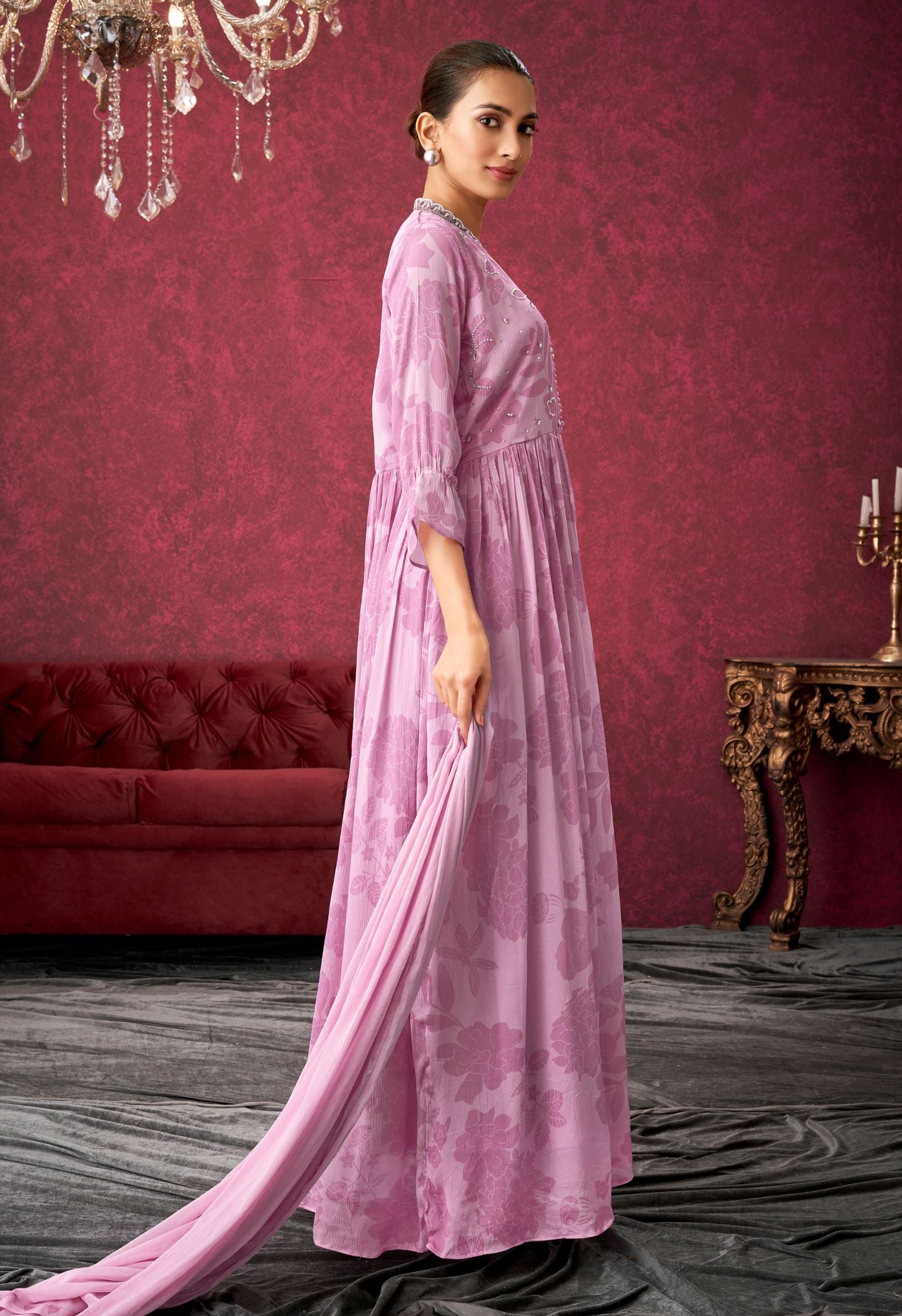 Pink A-Line  Pure Chinon Gown Maxi Dresses With Dupatta