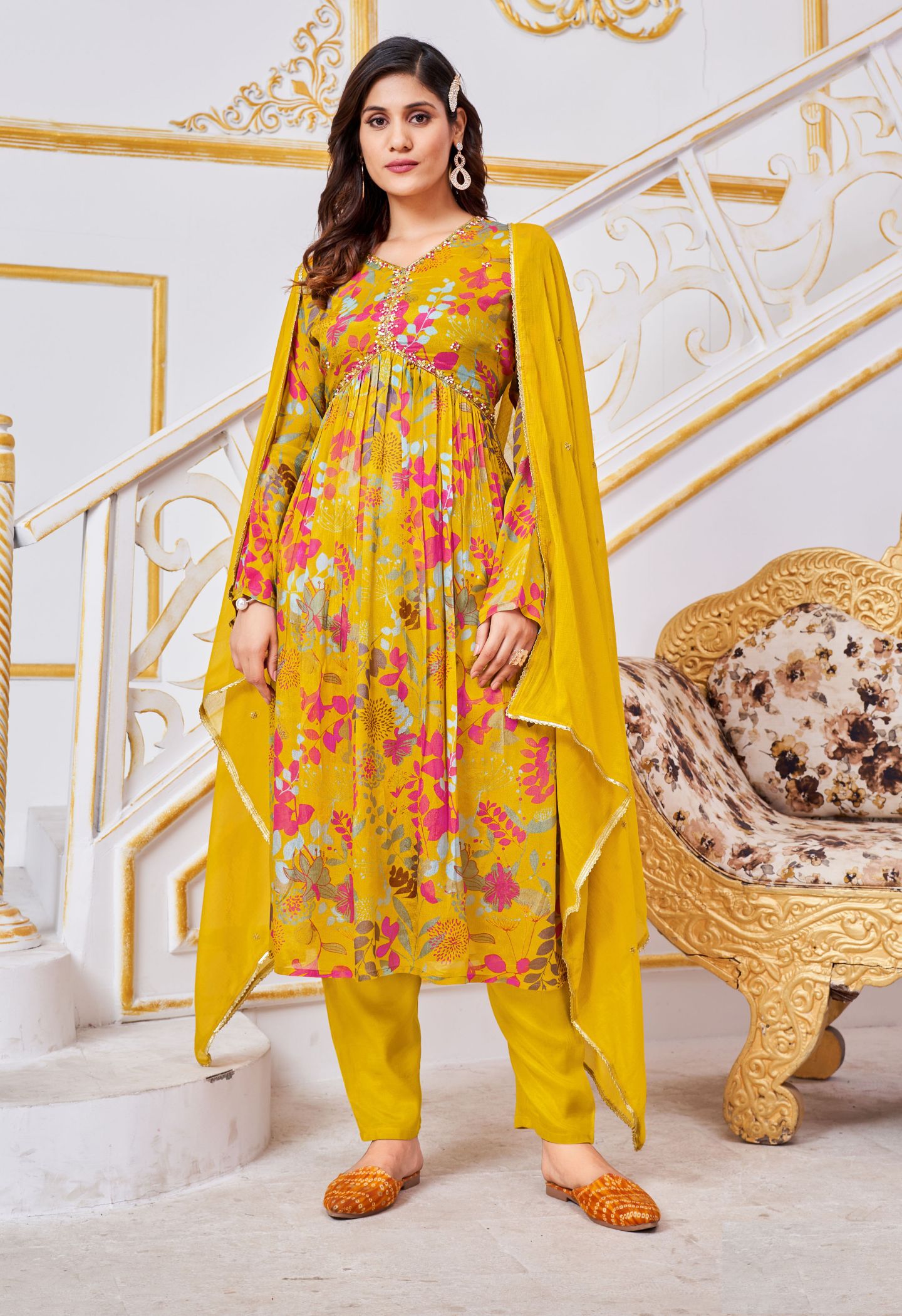 Yellow Aliya Cut Hand Work Kurti Set With Dupatta