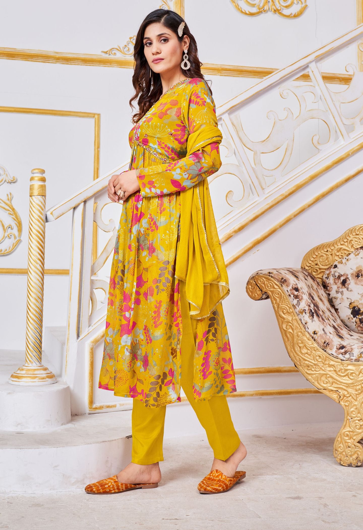 Yellow Aliya Cut Hand Work Kurti Set With Dupatta