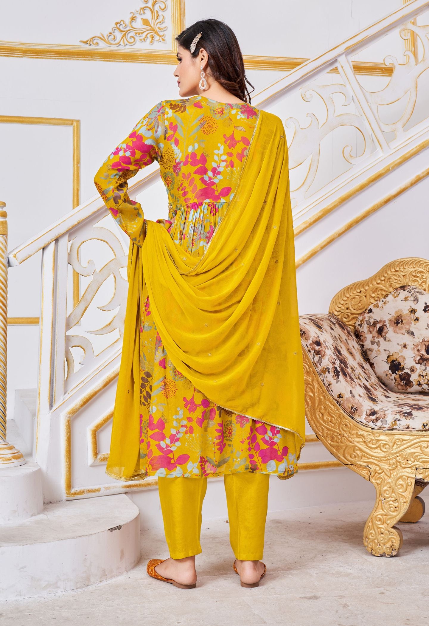 Yellow Aliya Cut Hand Work Kurti Set With Dupatta