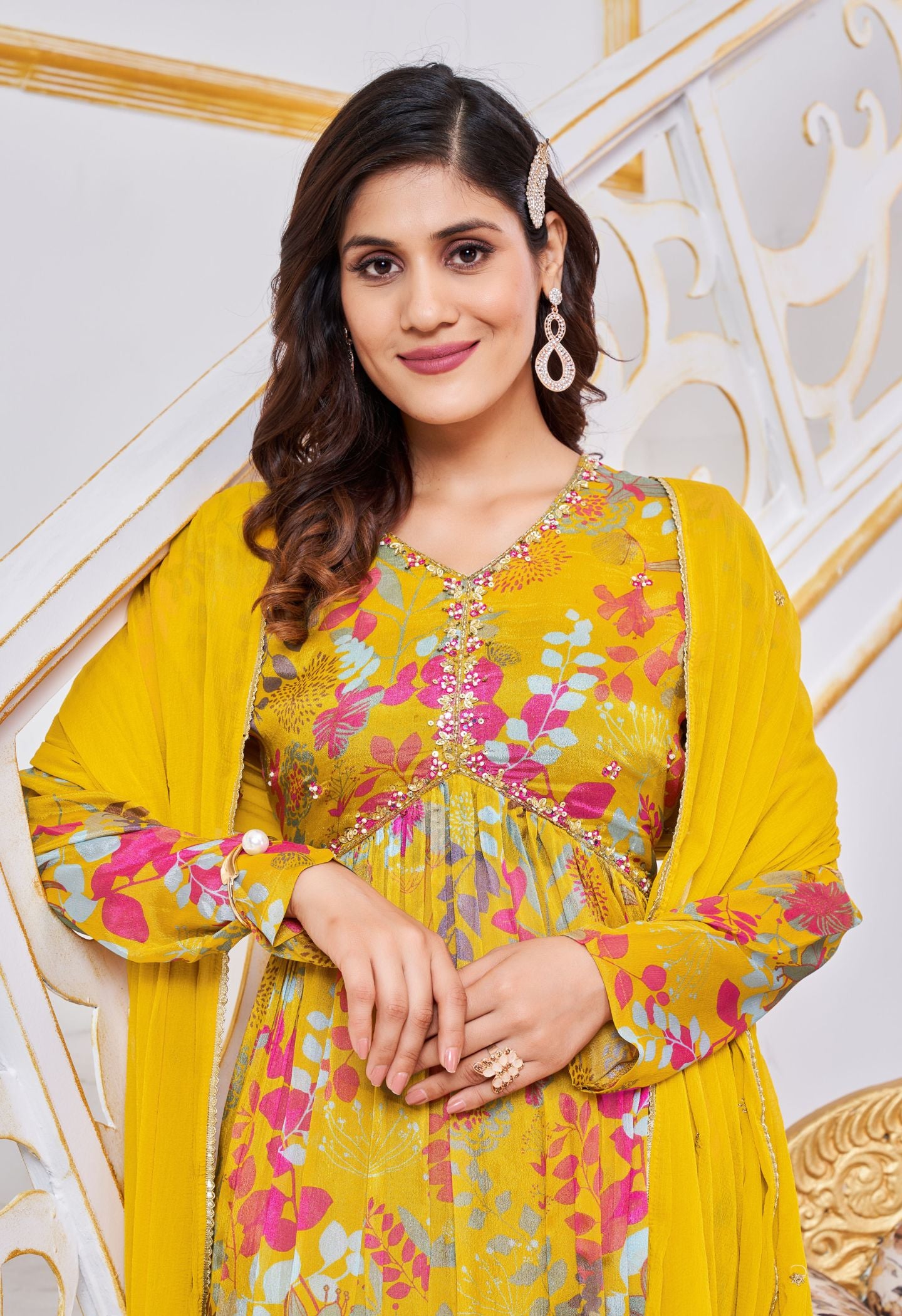 Yellow Aliya Cut Hand Work Kurti Set With Dupatta