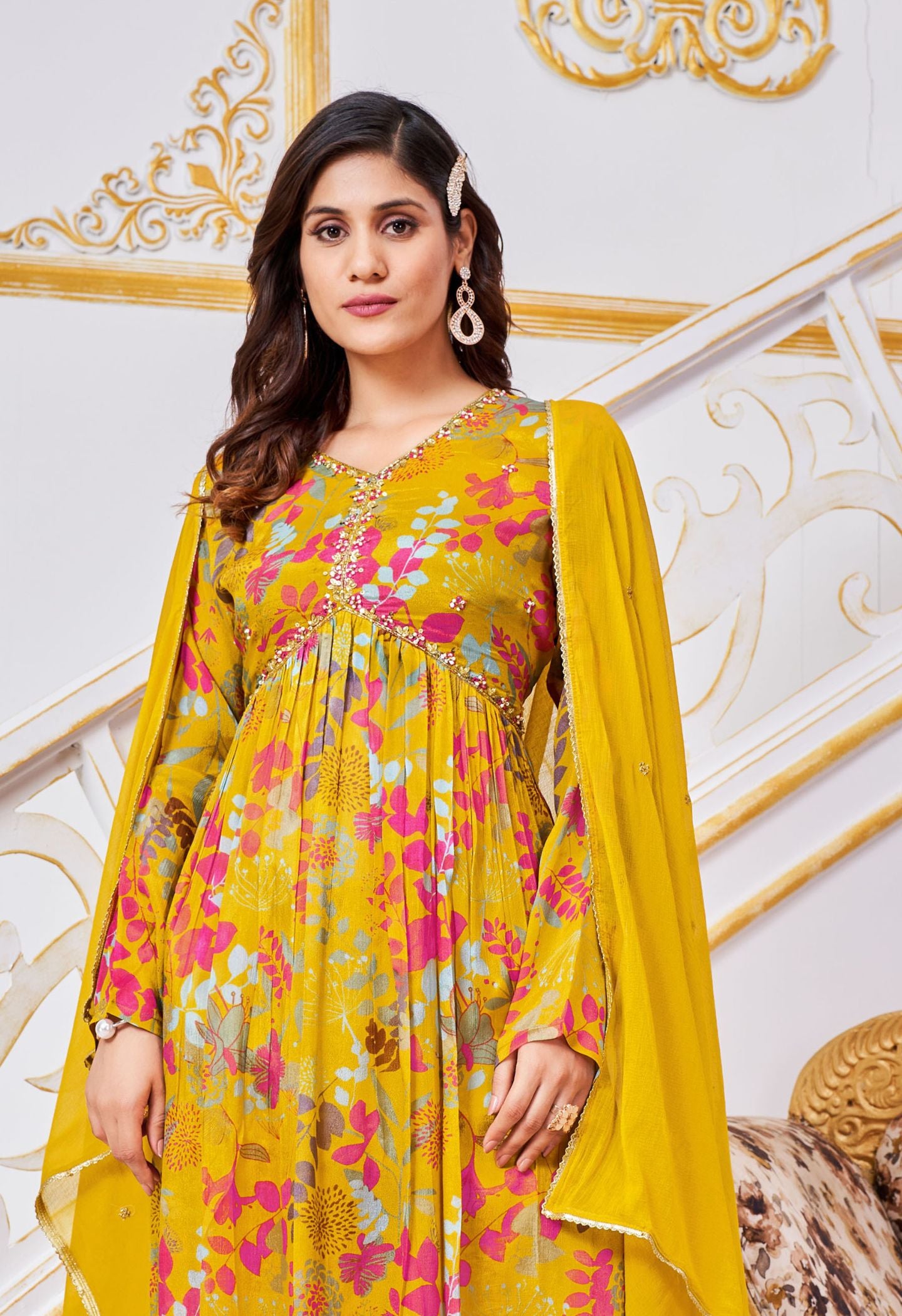 Yellow Aliya Cut Hand Work Kurti Set With Dupatta