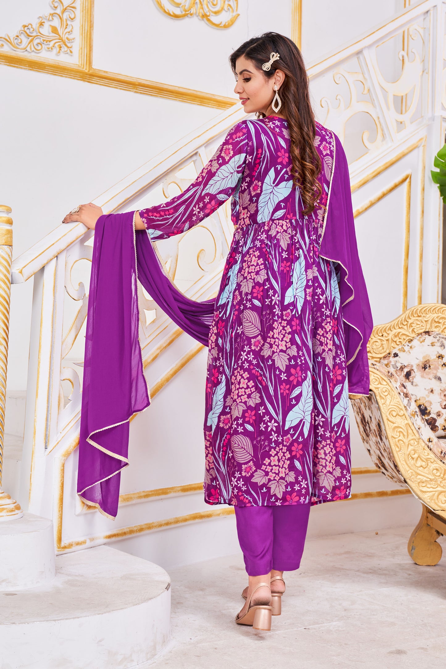 Magenta Aliya Cut Hand Work Kurti Set With Dupatta