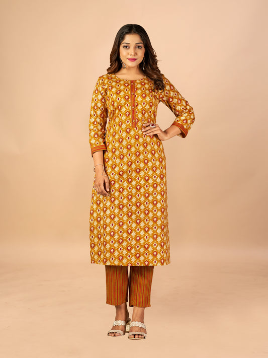 Yellow Cotton Kurti Pant Sets